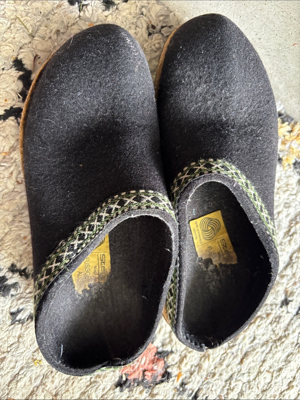 SEBAGO Black Wool Felt Slip-On Mules with Patterned Trim